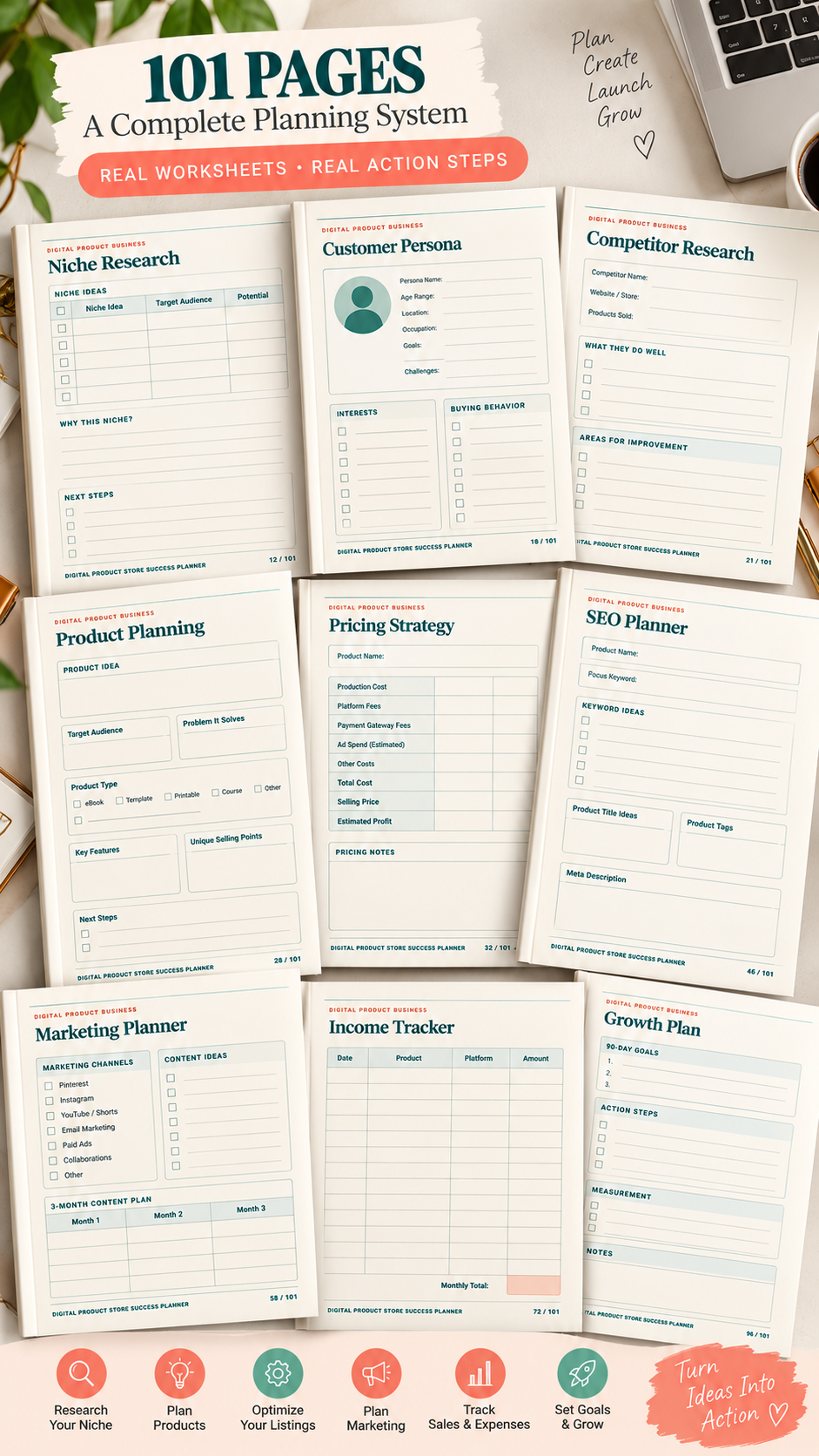 Digital product planner worksheets and planning pages