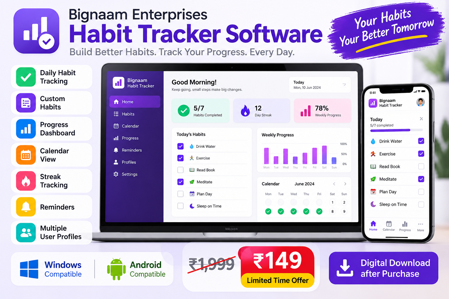 Habit Tracker Software promotional banner showing habit tracking features and dashboard