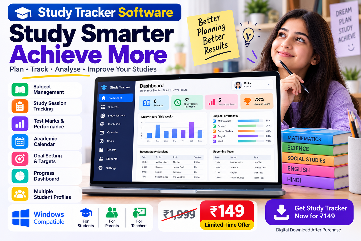 Study Tracker Software showing academic dashboard, subject management and study performance